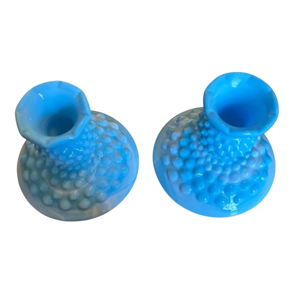 Pair Vtg Fenton Blue slag Hobnail Candle Holders Candlesticks Ruffled Rim